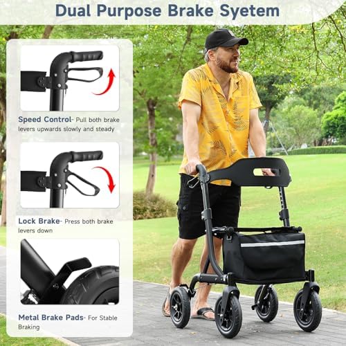 Rollator Walker for Seniors, Foldable All Terrain Rolling Walker with seat, Aluminum Walkers with 10 inch Rubber Wheels, Built-in Cable, Cup Holder, Adjustable Handles and Backrest for Seniors, Black