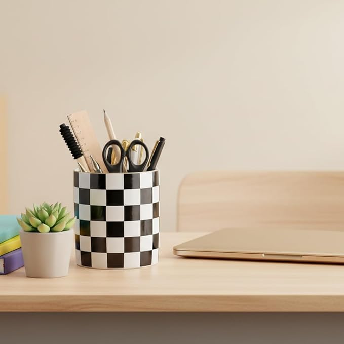 Ceramic Checkered Pen Holder For Desk Cute Stand Gold Line Pencil Cup Pot Desk Organizer, Office Desktop Decor, Makeup Brush Holder for Girls,Women (Black-white)