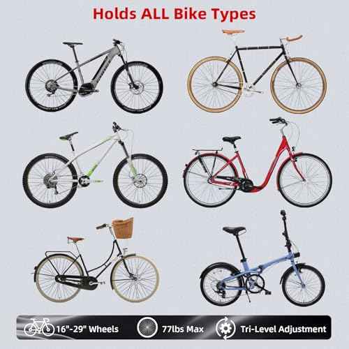 Swivel Bike Wall Mount with 120¡Æ Rotation No Heavy Lifting Garage Bike Rack Tri-Level Adjustment for 16"-29" Wheels Holds Road, MTB up to 77lbs Space Saving Foldable Design