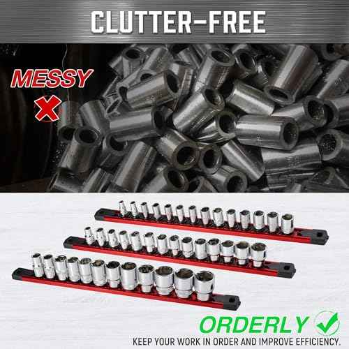 ALOANES 3-Piece Magnetic Socket Organizer, Heavy Duty Aluminum Socket Rails Organizer, 360¡Æ Swivel Clips Socket Holder Kit for Tool Box, 1/2, 3/8, 1/4-Inch Socket Holder x 40 Clips (Red)