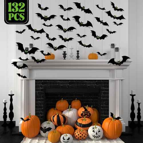 132 Pcs Halloween Bats Wall Decor With Glow in The Dark Eyes - Large 3D Bat Stickers and Decals for Indoor Party Decorations - PVC Black Bats