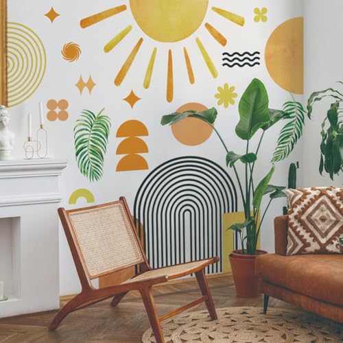 Runtoo Boho Wall Decal Arch Sun Palm Leaves Wall Stickers for Girls Bedroom Living Room Kids Nursery Abstract Modern Home Decor