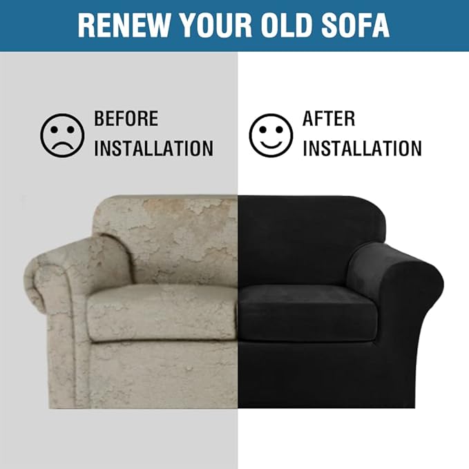 H.VERSAILTEX Real Velvet Plush 3 Piece Stretch Sofa Covers Couch Covers for 2 Cushion Couch Sofa Slipcovers Width Up to 90 Inch Feature Thick Soft Stay in Place (Large Sofa, Black)