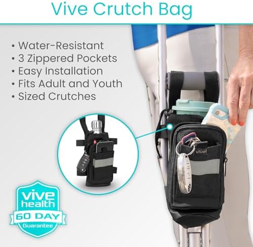 Vive Crutch Accessories Bag - Pouch for Crutches - Accessory Storage Carry Kit for Women, Men, Adults, Kids - Cup and Bottle Pocket Holder with Ergonomic Design (Black)