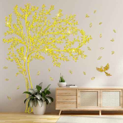 Large Tree Wall Decals Peel and Stick Gold Tree Wall Decals Murals Golden Stamping Walls Art Decal Home Decor for Living Room, TV Walls, Bedroom