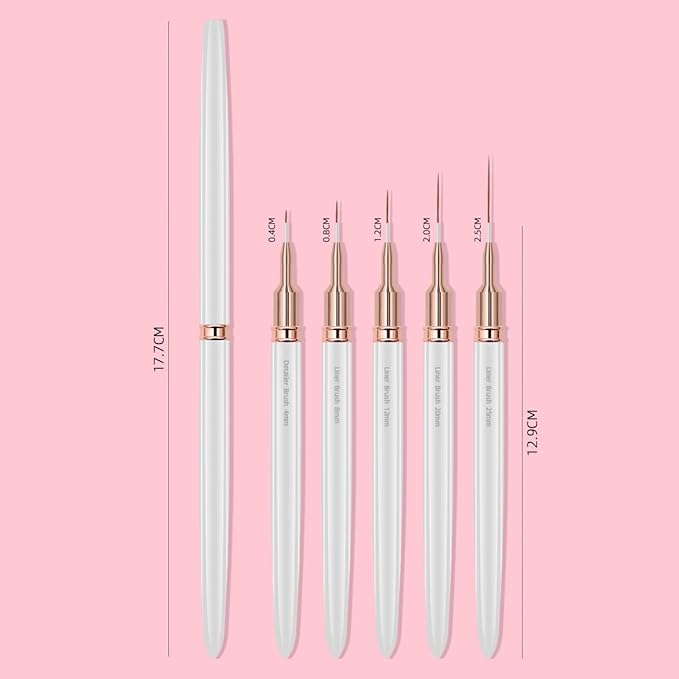 Metallic Nail Art Brushes, 5Pcs Nail Art Liner Brushes, Painting Design Brush Set Nail Dotting Drawing Tool for Long Lines, Thin Details, Fine Drawing Sizes 4/8/12/20/25mm, Sliver
