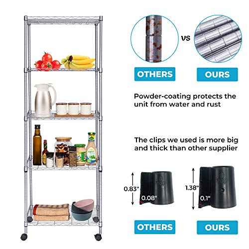 JS HANGER Wire Shelving Unit with Wheels, 5-Tier Heavy Duty Height Adjustable Rolling Metal Shelves for Storage, 550 lbs Capacity, 23.23''W X 13.4''D X 71''H, Silver