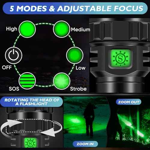 WINDFIRE Green LED Flashlight, USB Rechargeable Green Tactical Flashlight, Zoomable & 5 Lighting Modes Green Hunting Lights, Predator Hog Pig Coyote Light Hunter Torch with Dual Pressure Switch