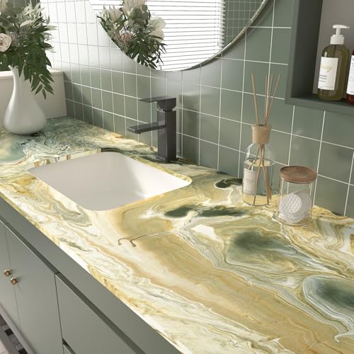 LACHEERY Green and Gold Marble Contact Paper for Countertops Matte Marble Countertop Peel and Stick Waterproof Bathroom Wallpaper Peel and Stick Countertops for Kitchen Counter Top Cabinets 15.8"x80"