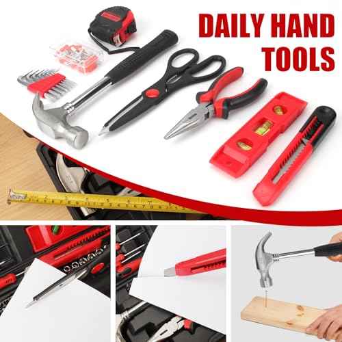 51-Piece Red Tool Set, Home Tool Kit with Toolbox Storage Case Home Repair Tool Kit with Drawer for Women