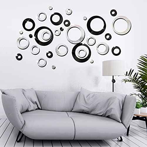 Outus 72 Pieces Wall Stickers Decor Acrylic Circle Mirror Removable Black and Sliver Wall Decor Round Dots DIY Red Living Room Decals Modern Art Murals for Home Bathroom Bedroom Decoration