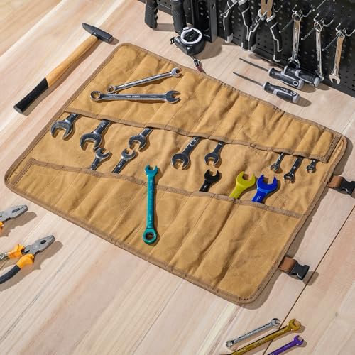 Wrench Roll Up Organizer Pouch,Heavy Duty 16oz Waxed Canvas Tool Bag, 24 Pockets Tool Roll Bag with Buckle