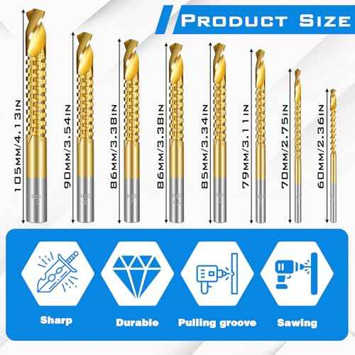 8 Pack Titanium Coated HSS Twist Drill Bits, 3-10mm Serrated Side Cutting Drill Bit, Hex Shank Serrated Cutting Drill Bits, Drill Bit Woodworking Tools, Hole Holesaw Tool for Plastic Metal Wood Hole