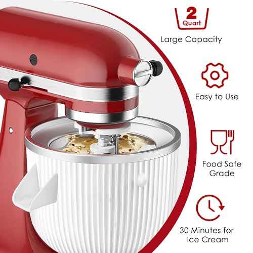 Ice Cream Maker Attachment for KitchenAid Mixers, Fits KitchenAid 4.5/5QT & 6QT Stand Mixers, Frozen Ice Cream & Sorbet Gelato Maker for KitchenAid, 2 Quart, White(Machine/Mixer Not Included)