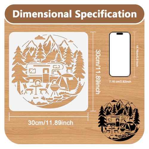 Camping Stencil for Painting, 11.8"x11.8"Reusable RV Mountain Tree Stencil Drawing Template, Outdoor Picnic DIY Craft Paint Template for Wall Home Decor Wood Burning Card Journal Canvas