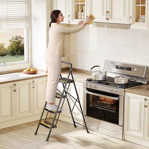 4 Step Ladder, Heavy-Duty Pass 800lb Capacity Test, Wide Anti-Slip Steps & Secure Handrail Compact, Folding Step Stool Portable Design for Home, Kitchen, Office, Pantry, Closet Use, Black
