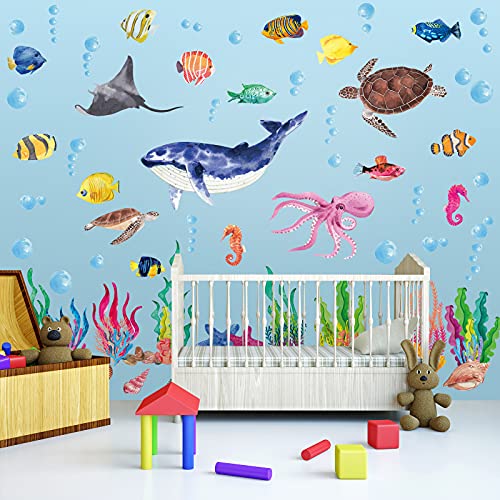 114 Piece Ocean Fish Wall Decals, Under The Sea Wall Decals - Under The Sea Fish & Jellyfish Removable Decor - Peel & Stick - for Kids, Baby, Bathroom, Bedroom, Living Room