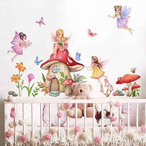Fairy Girls Wall Decals Mushroom with Flowers Butterfly Wall Stickers for Baby Nursery Girls Bedroom Wall Decor