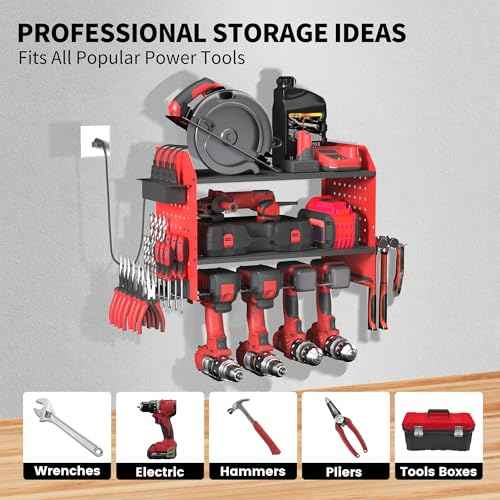 Lisgicabin Power Tool Organizer Wall Mount, 3-Layer Charging Station with 4 Outlets, Heavy Duty Drill Storage Rack with 4 Drill Holders & Drill Bit Rack, Efficient Storage for Garage & Workshop (Red)