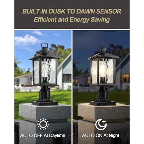 Dusk to Dawn Outdoor Post Light, Hardwired Oil-Rubbed Bronze Pole Lantern with Pier Mount Base, Water Ripple Glass, Waterproof Lamp Post Light Fixture for Driveway, Pathway, Garden, 1 Pack
