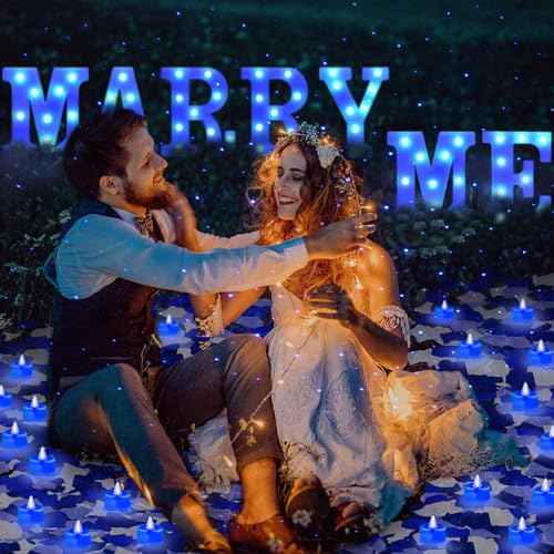 Hortsun Marry Me Light up Letters Proposal Decorations Will You Marry Me Sign Rose Petals 24 LED Candles Romantic Night Light for Proposal Engagement Wedding Outdoor(Blue)