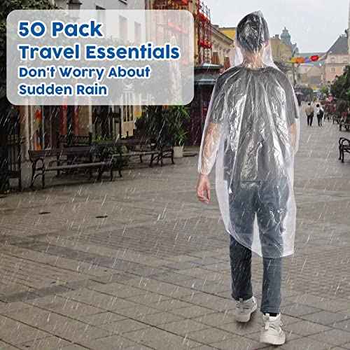 Berlune 50 Pcs Disposable Rain Ponchos for Adults Thick Disposable Ponchos Bulk with Hood Emergency Raincoats for Camping Themed Park, Clear