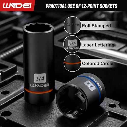 LLNDEI 3/8 inch Drive 12 Point Socket Set 71 Piece,SAE(5/16-3/4in) and Metric(8-22mm),Deep & Shallow,CR-V.With Drill Socket Adapter & Extension Bar 3/8 in,Hex Key Set 12Pt Can Also be Used on 6pt