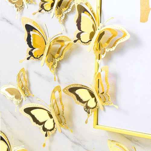 12 Pcs 3 Layers Wing Butterfly Wall Decor Gold 3D Hollow Stickers for Home Bedroom Cake Party Baby Shower Birthday Decorations