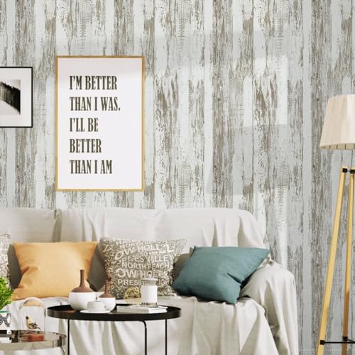 WENMER White and Brown Rustic Wood Grain Wallpaper, 17.3" x 118", 14.1 sq.ft. Peel and Stick, Waterproof, Multi-Surface Use