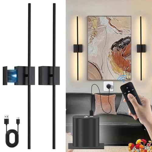 Battery Operated Wall Sconces Set of 2, USB Rechargeable Wall Lights with Remote Control, 360¡Æ Rotation, 6000mAh, Dimmable Touch Wireless Wall Sconce Decor for Living Room Bedroom, 32 Inch, Black