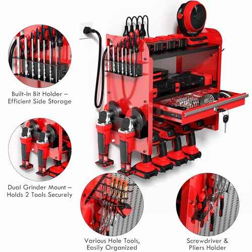 KSVO Power Tool Organizer Wall Mount with Drill Rack & Locking Drawers - Heavy Duty Metal Tool Shelf for Garage, Workshop, Shed, Basement Tool Organization - Gift for Men/Father (Red)