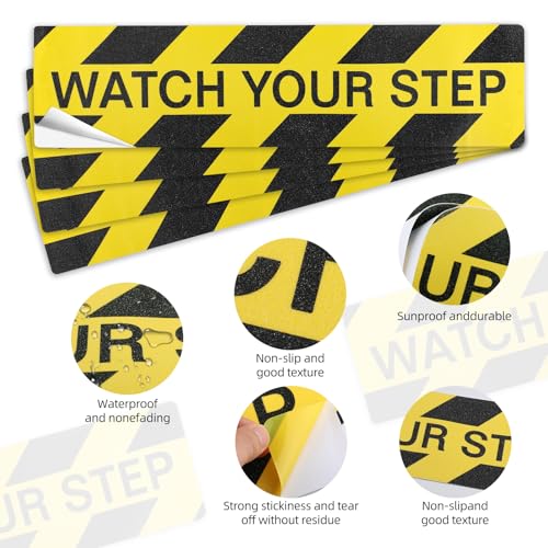 4 PCS Watch Your Step Floor Decals Stickers 5.9 x 23.6 Inch, Self Adhesive Anti Slip Watch Your Step Sign, Warning Sticker Adhesive Tape for Workplace Safety Wet Floor Cautio