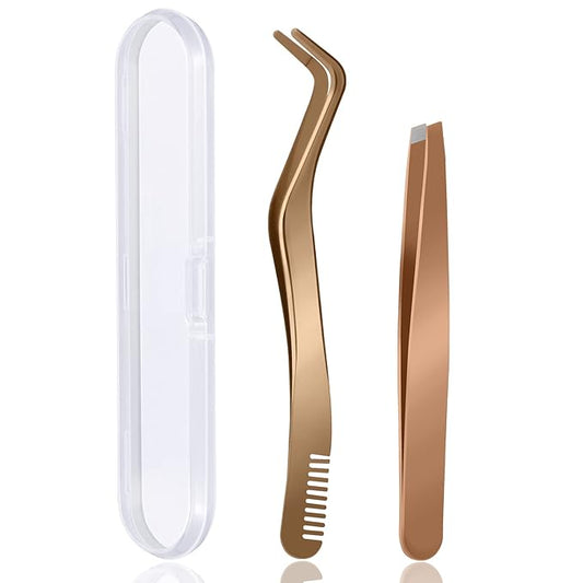 B&Qaugen False Eyelash Applicator Tool 2 pieces for Lash Clusters, Gold DIY Eyelash Tweezers Set (Golden,2pcs)