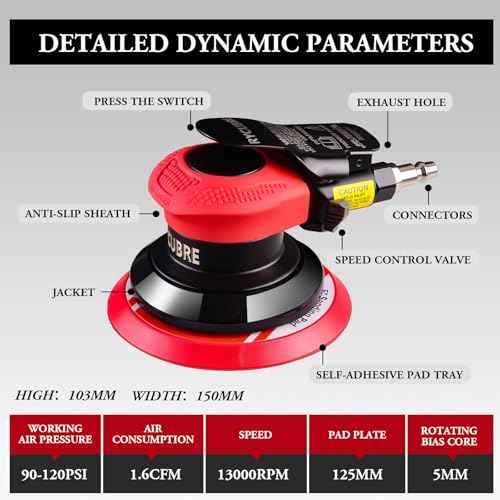 5 Inch da Sander - Professional Air Sander, Pneumatic Orbital Sander/Air Orbital Sander for Auto Body Work, DA Sander for Auto Body & Lijadora de Aire (5 Inch)