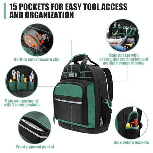 Tool Backpack Heavy Duty with Hard Bottom, Tool Backpack for Men, Electrician Bag, 15 Pockets, Waterproof Construction Backpack for HVAC, Mechanics, and Jobsite