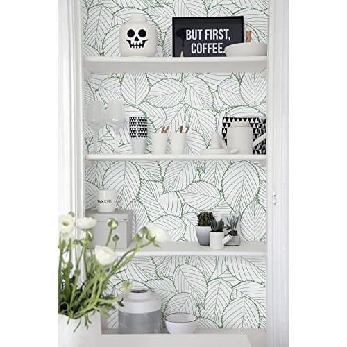 Kitico 17.7" X118.1" Modern Green Leaf Wallpaper Leaf Peel and Stick Wallpaper Green and White Leaves Contact Paper Removable Self-Adhesive Waterproof Leaf Wall Paper for Wall Home Decor