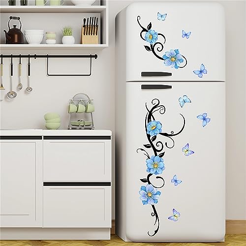 Blue Flower Vine Butterfly Wall Stickers, sacinora Floral Art Wall Decals Removable Vinyl Peel and Stick Wall Mural for Living Room Bedroom Nursery Children's Room Furniture Door Decorations