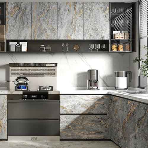 Wallercity Gold/Grey Marble Contact Paper Matte Peel and Stick Countertops Wallpaper Waterproof Self Adhesive Marble Wallpapers for Cabinets and Drawers Kitchen Bathroom Vinyl Film 15.8x78.7 Inch