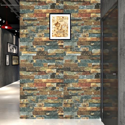 Wallercity Vintage Faux Blue/Brown Wallpaper Peel and Stick Wallpaper Waterproof Self-Adhesive Stone Wallpapers 3D Rock Textured Contact Paper for Kitchen Backsplash Living Room Bedroom 15.8''x78.7''
