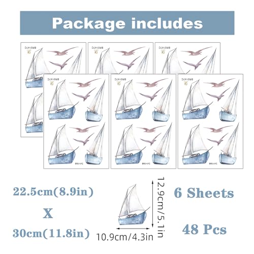6 Sheets 48 Pcs Blue Sailboats Gulls Ins Style Wall Stickers, sacinora Travel Adventure Wanderlust Sailboat Nautical DIY Wall Decals Removable Vinyl Peel and Stick for Nursery Bedroom Playroom Decor