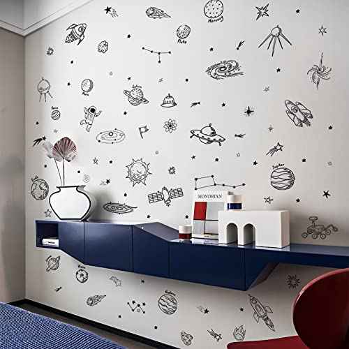 Maydahui Outer Space Stars Planets Wall Stickers Rockets Astronaut Vinyl Wall Decals (47 x 51 Inch) Peel Stick Removable Boys Room Wall Decor Decals for Kids Bedroom Nursery Classroom (Black)