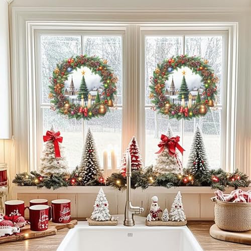Christmas Wreath Wall Decal ? Classic Holiday Candle & Church Scene Sticker with Bells, Pinecones & Ornaments, Removable Vinyl Winter Wall Decor for Living Room, Window, Fireplace & Door Decoration