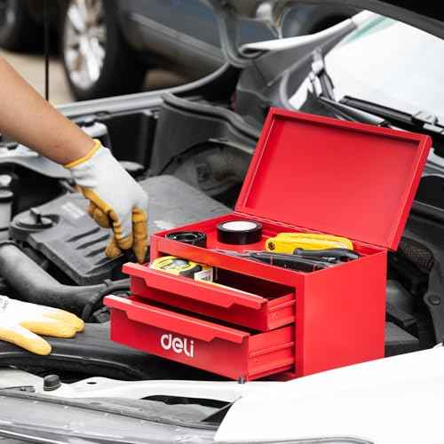 DELI Mini Tool Box with 2 Drawers and Top Storage, Small Metal Tool Box for Garage, Office, Vanity. Perfect for Small Item Storage Organizer, Red