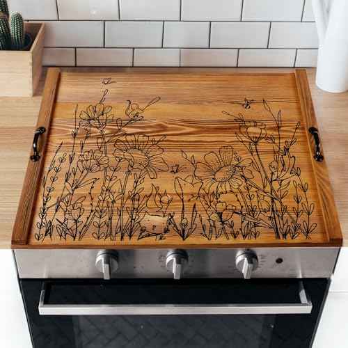 Wooden Noodle Board Stove Top Cover with Handles for Electric Stove 30" x 22" Pine Wooden Stoves Cover for Gas Burners Decorative Tray for Kitchen Counter Space