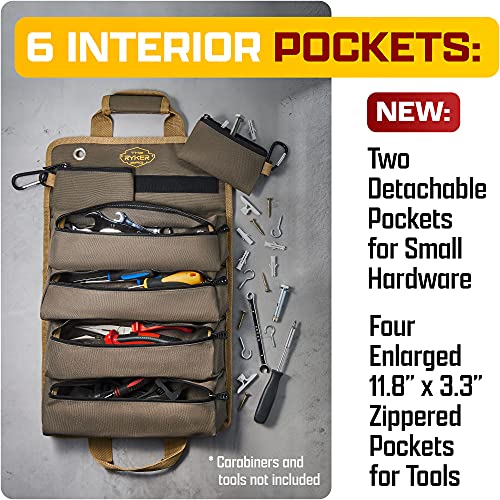 The Ryker Roll Up Tool Bag Organizer Gifts for Dad. Heavy Duty Motorcycle Tool Roll Bag Organizer. Portable Rollup Toolbag w/Detachable Pouches - Tools Bags Mens gifts for him - Mechanic & Electrician