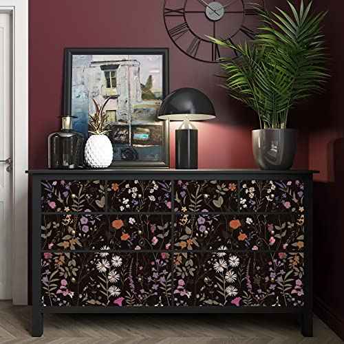 Floral Peel and Stick Wallpaper Blooming Black/Purple Flowers Self-Adhesive Wall Paper Removable Decorative Contact Paper for Bedroom Cabinet Living Room Decor 17.7" x 118",14.5 sq.ft/Roll
