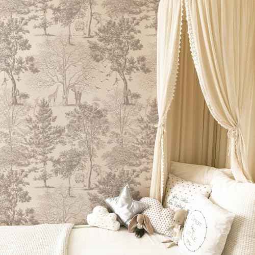 Woodland Wallpaper Peel and Stick- Vintage Beige Forest Tree Mural for Bedroom Living Room Removable Animals Contact Paper Self Adhesive Wallpaper (Cream, 17.3" X 78.74")