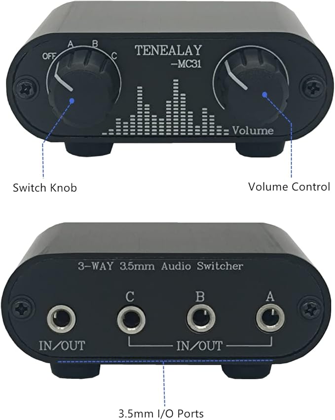 3.5mm Audio Switch with line Volume Controller, 3 in 1 Out 1/8" aux switcher Splitter selector Box, Mini Inline Headphone attenuator Volume Control knob -MC31