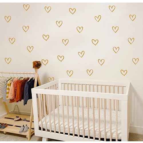 56pcs Set Heart Wall Stickers 4 Different Shapes of Hearts Hand Drawn Heart Decals Nursery Wall Decor Kids Room Wall Art Wall Decals Easy to Stick Y88 (Gold)