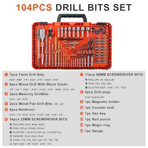 COMOWARE Drill Bit Set, 104Pcs Screwdriver Bits Set with Tough Case, Titanium Twist Drill Bits, Impact Screwdriver Bits, Masonry Drill Bits, Spade Drill Bits, Nutdrivers